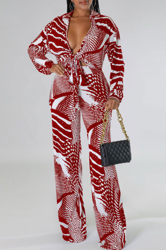 Red Casual Print Bandage Patchwork V Neck Long Sleeve Two Pieces