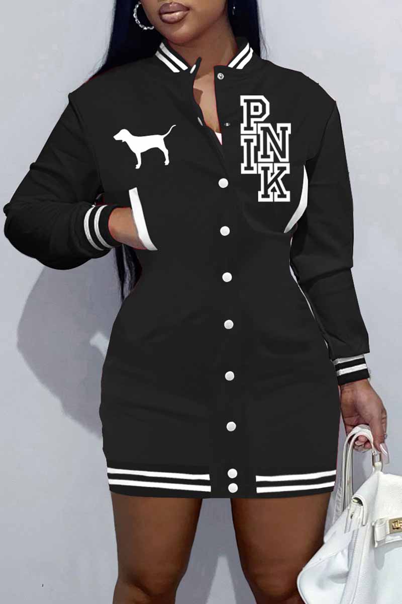 

Black Casual Print Letter Half A Turtleneck A Line Dresses