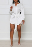 Белое повседневное однотонное платье-рубашка в стиле пэчворк с отложным воротником и пряжкой в ​​стиле пэчворк Платья