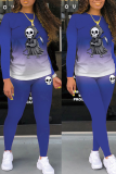 Peacock Blue Party Print Skull O Neck Long Sleeve Two Pieces