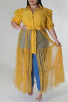 Vestido camisero con cuello camisero de patchwork sólido de talla grande casual amarillo