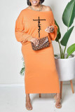 Orange Casual Print Patchwork Raka klänningar med sned krage