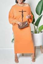 オレンジ カジュアル プリント パッチワーク オブリーク カラー ストレート ドレス
