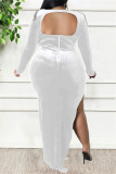 Weiß Sexy Casual Solid Patchwork Metall Accessoires Dekoration Backless Schlitz O-Ausschnitt Langarm Plus Size Kleider