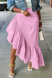 Pink Casual Solid Patchwork Asymmetrical Regular High Waist Skirt