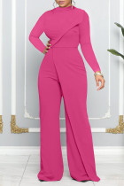 Rose Red Casual Solid Patchwork Rechte Jumpsuits Met O-hals