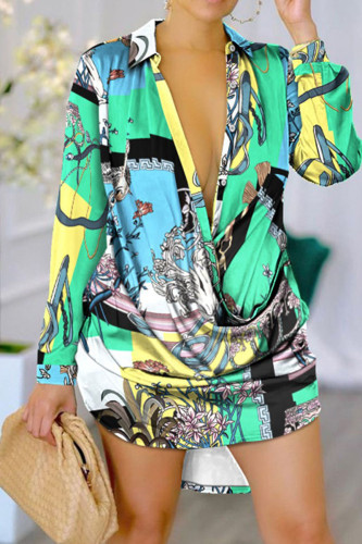 Green Casual Print Patchwork Buckle Turndown Collar Straight Dresses
