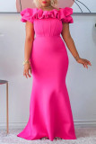 Розово-красные элегантные однотонные лоскутные оборки с открытыми плечами Вечернее платье Платья