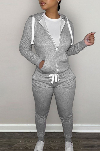 Grey Casual Solid Patchwork Hooded Collar Long Sleeve Two Pieces