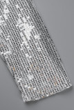 Silver Mode Solid Paljetter Patchwork O Neck Ytterkläder