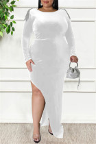 Белые сексуальные повседневные однотонные лоскутные металлические аксессуары, украшения с открытой спиной, разрезом, круглым вырезом, длинным рукавом, платья больших размеров