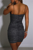Schwarzes, sexy, festes, rückenfreies Patchwork-Kleid mit V-Ausschnitt