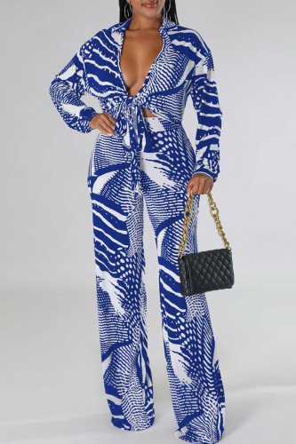 Blue Casual Print Bandage Patchwork V Neck Long Sleeve Two Pieces