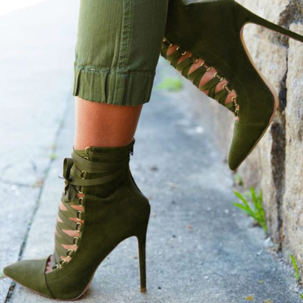 Армейские зеленые модные пикантные лоскутные однотонные сапоги на высоком каблуке с острым носком