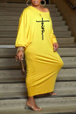 Vestidos retos amarelos com estampa casual patchwork gola oblíqua