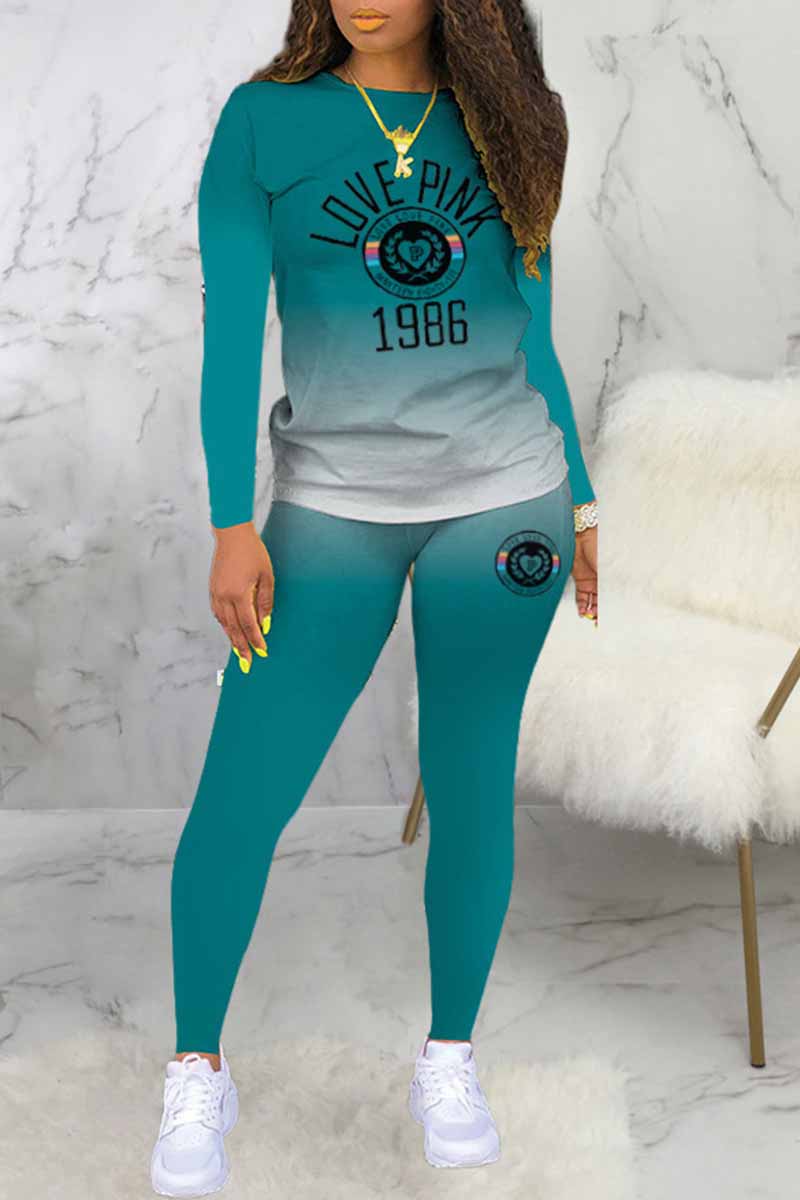 

Lake Green Casual Gradual Change Print Letter O Neck Long Sleeve Two Pieces
