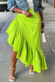 Green Casual Solid Patchwork Asymmetrical Regular High Waist Skirt