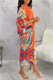 Jaune Gris Casual Print Patchwork V Neck Pencil Skirt Plus Size Robes