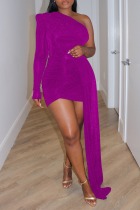 紫のセクシーなパッチワーク スパンコール ワンショルダー イレギュラー ドレス ドレス