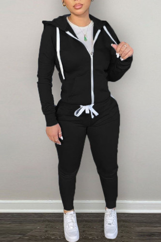 Black Casual Solid Patchwork Hooded Collar Long Sleeve Two Pieces