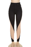 Black Sexy Street Print Solid See-through Skinny Mid Waist Pencil Patchwork Bottoms