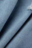 Темно-синий модный повседневный однотонный рваный отложной воротник с длинным рукавом обычная джинсовая куртка