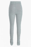 Pantalones de cintura alta ajustados con pliegues rasgados sólidos casuales de moda gris