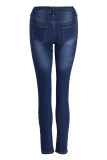 Jeans de mezclilla ajustados rasgados sólidos casuales de moda azul profundo