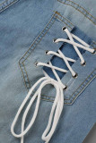 Pantalones cortos casuales de mezclilla rasgados lisos de cintura alta de color sólido recto de talla grande azul claro