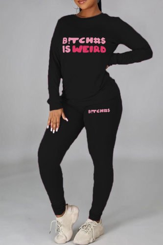 Black Street Print Letter O Neck Long Sleeve Two Pieces