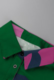 Roze groene mode casual print patchwork overhemdjurk met kraag en kraag