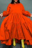 Oranje Rood Casual Solid Patchwork Knopen Vouw Kraag Shirt Jurk Plus Size Jurken