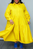 Желтое повседневное однотонное платье-рубашка в стиле пэчворк с отложным воротником и пуговицами Платья больших размеров