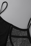 Vestido preto fashion sexy plus size patchwork perfuração a quente transparente sem costas alça de espaguete sem manga
