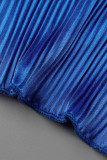 Синие повседневные однотонные лоскутные отложные воротники с короткими рукавами из двух частей