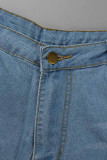 Ljusblå Casual Solid Ripped Patchwork Hög midja Rak Enfärgad Plus Size jeansshorts