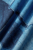 Macacão azul moda casual estampa patchwork gola virada para baixo