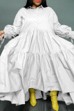 Weißes, lässiges, solides Patchwork-Knöpfe-Falten-Hemdkleid mit Umlegekragen, Kleider in Übergröße