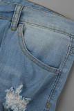 Pantaloncini di jeans taglie forti tinta unita dritti a vita alta patchwork tinta unita casual azzurro