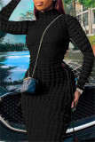 Zwart sexy casual effen uitgehold frenulum coltrui lange mouwen jurken
