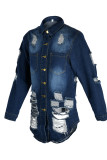 Deep Blue Fashion Casual Solid Ripped Turndown Collar Long Sleeve Regular Denim Jacket
