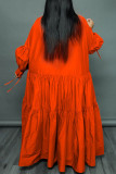 Оранжево-красное повседневное однотонное платье-рубашка в стиле пэчворк с отложным воротником Платья больших размеров