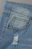 Light Blue Casual Solid Ripped Patchwork High Waist Straight Solid Color Plus Size Denim Shorts