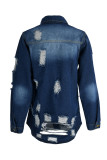 Deep Blue Fashion Casual Solid Turndown Collar Long Sleeve Regular Ripped Distressed Denim Jacket
