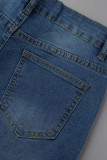 Hellblaue, modische, lässige Patchwork-Quaste mit hoher Taille und dünner Denim-Jeans