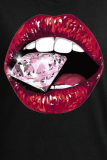 Zwarte casual lippen bedrukte patchwork O-hals tops