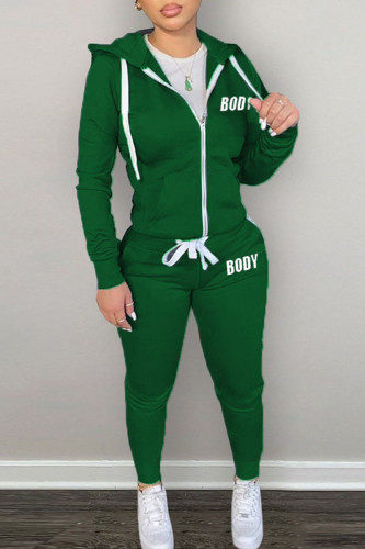 Green Casual Print Patchwork Hooded Collar Long Sleeve Two Pieces