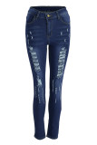 Deep Blue Mode Casual Solid Ripped Skinny Denim Jeans