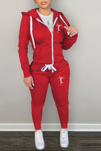 Red Casual Print Patchwork Hooded Collar Long Sleeve Two Pieces