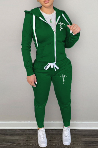 Green Casual Print Patchwork Hooded Collar Long Sleeve Two Pieces